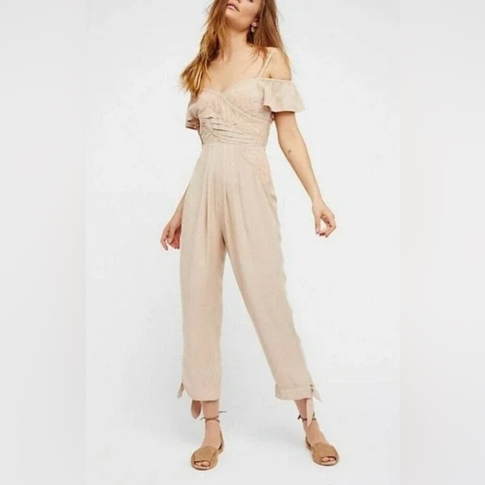 Free People Beige Off-Shoulder Jumpsuit